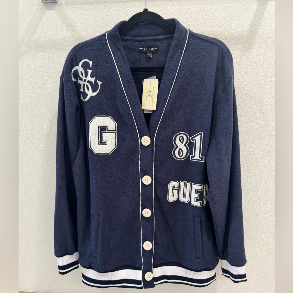 GUESS Varsity Embroidery Noele Boucle Women’s Cardigan Size Medium